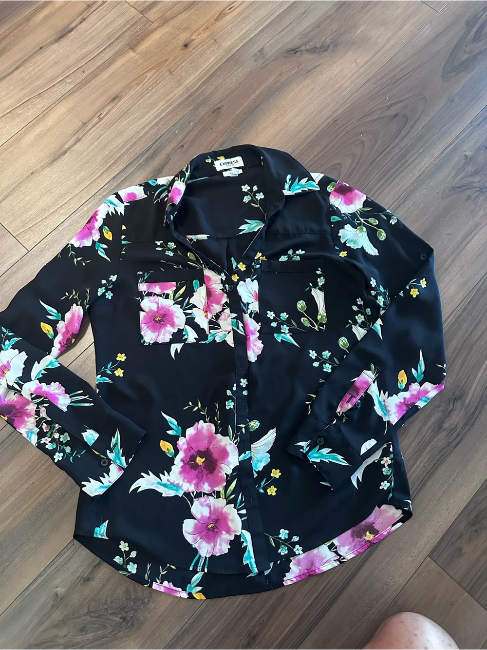 Express Black Floral Button-Down Shirt with Pink & Teal Blooms